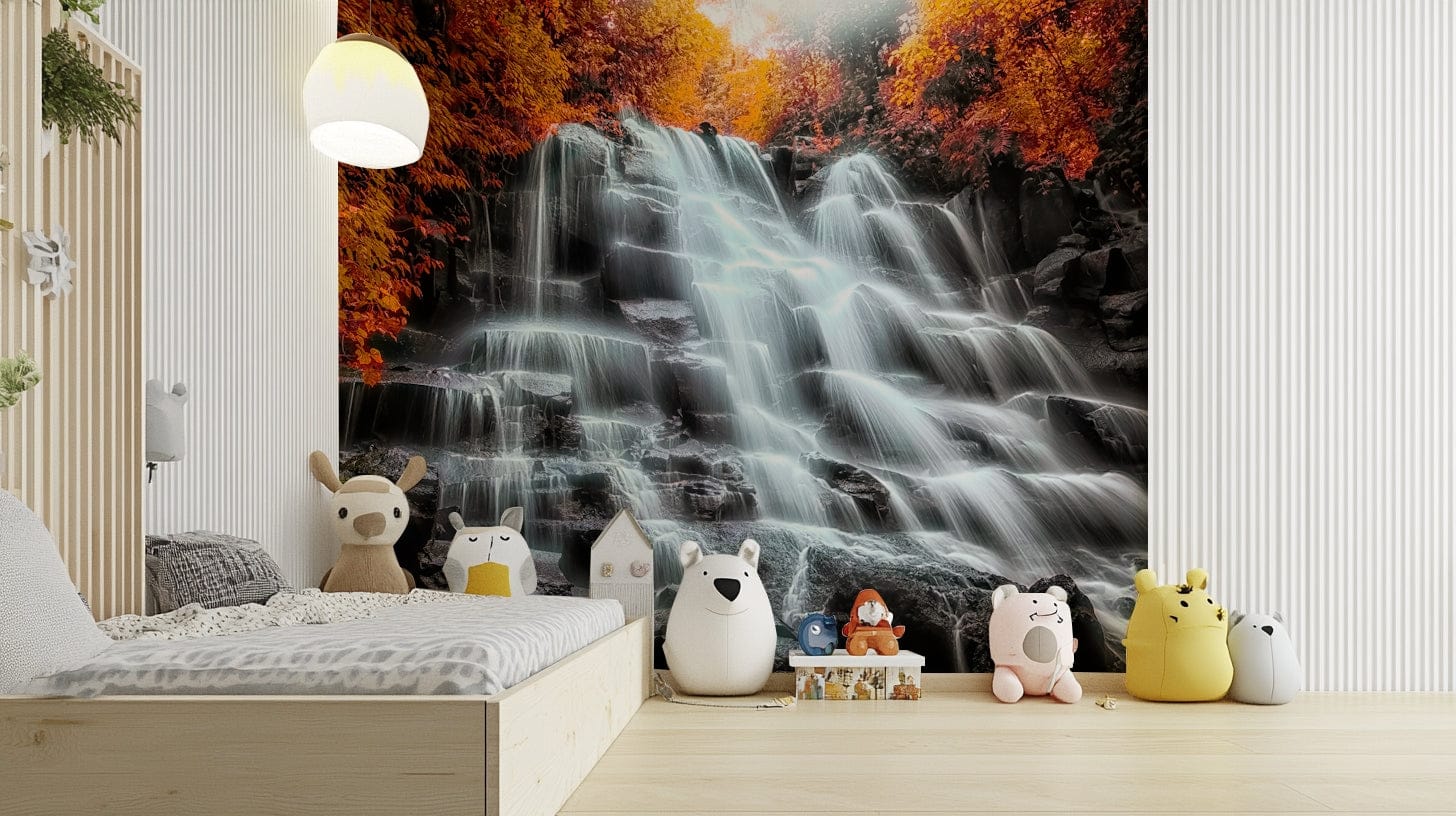A peaceful forest stream mural on decorative wallpaper.

