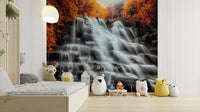 A peaceful forest stream mural on decorative wallpaper.

