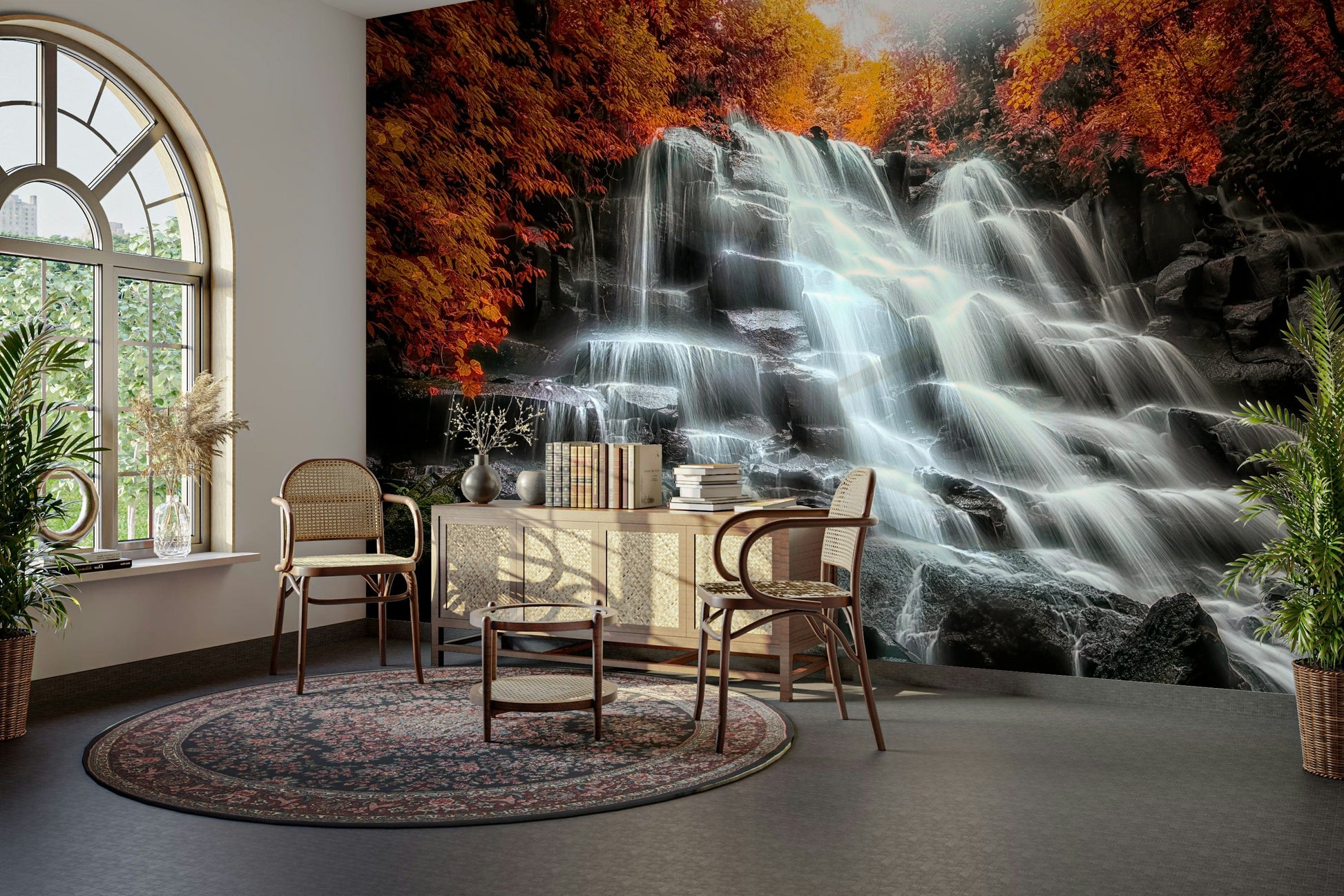 A beautiful autumn waterfall wallpaper mural for a cozy room.

