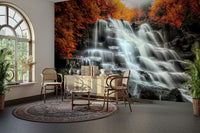 A beautiful autumn waterfall wallpaper mural for a cozy room.

