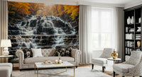 Waterfall and autumn forest mural in dining room, modern decor, statement wall background