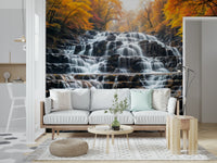 Autumn waterfall wall mural in modern living room.
