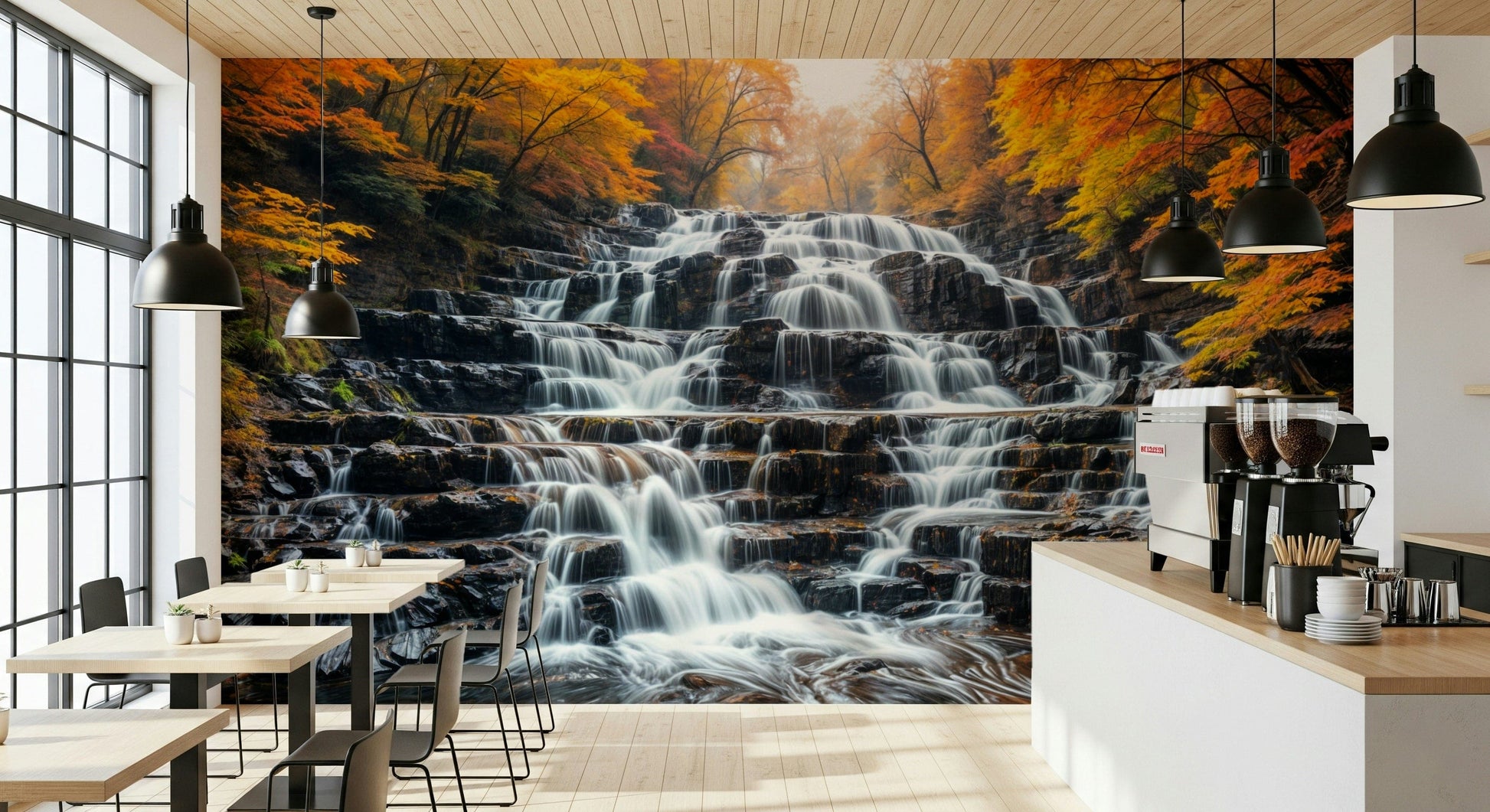 Autumn waterfall landscape mural in home office, warm color tones, backdrop behind desk