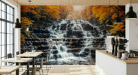 Autumn waterfall landscape mural in home office, warm color tones, backdrop behind desk