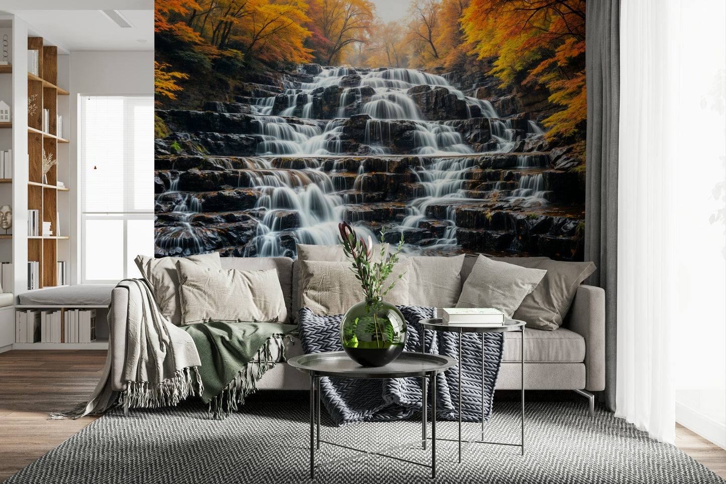 Autumn waterfall scene mural in yoga room, warm color landscape, calming feature wall