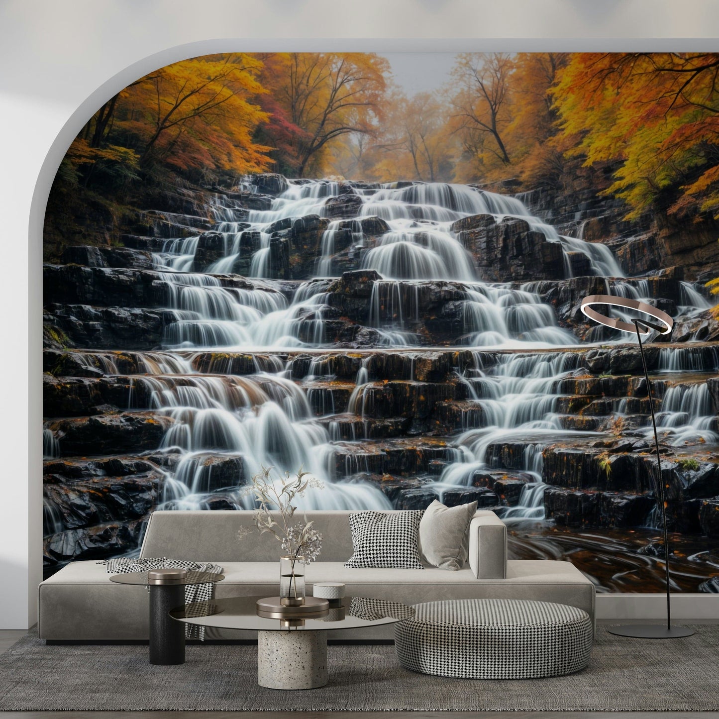 Waterfall mural with fall trees in bedroom, soft lighting, modern apartment wall decor