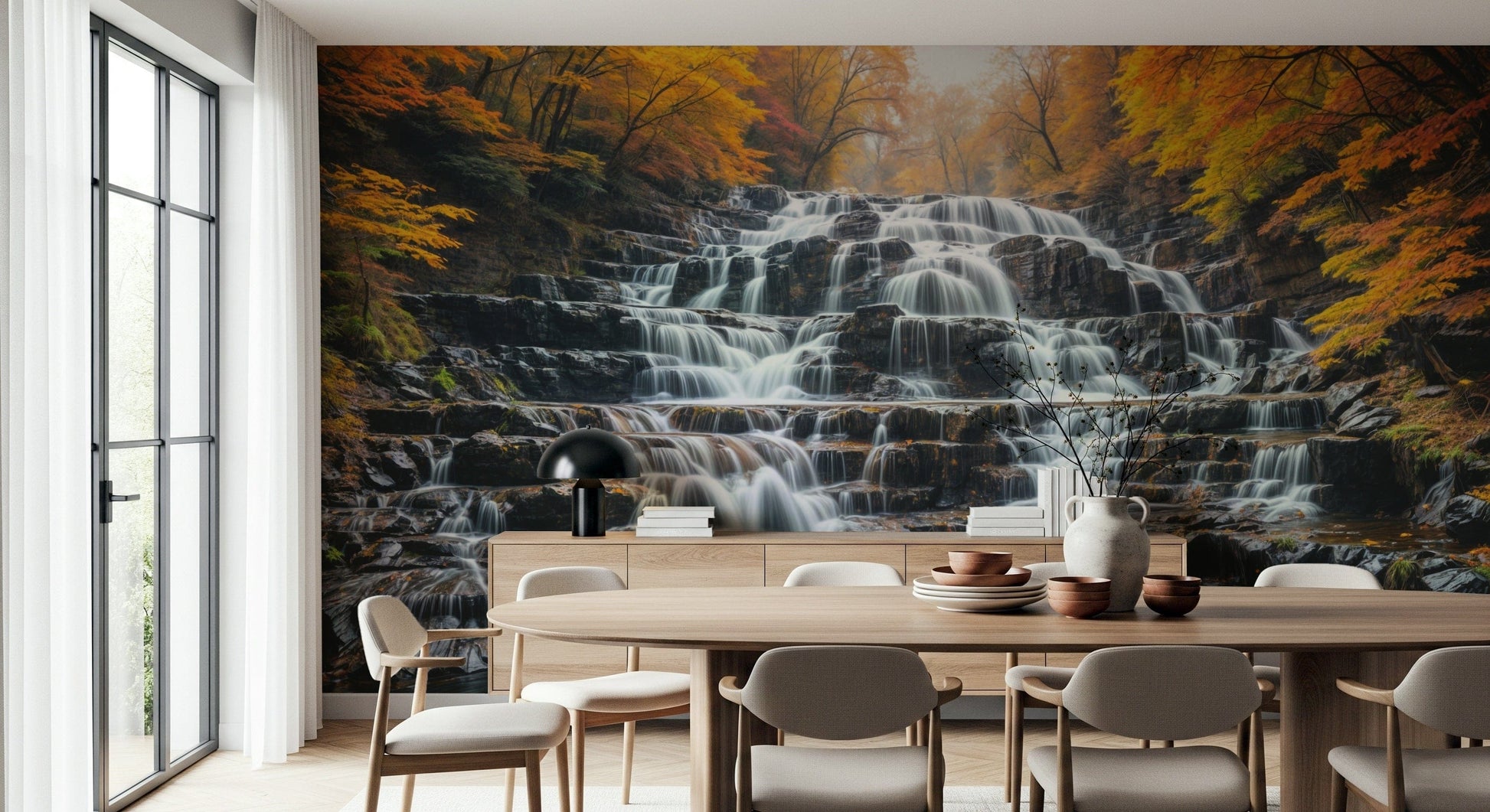 Scenic autumn waterfall mural in reading nook, cozy chair, feature wall setting