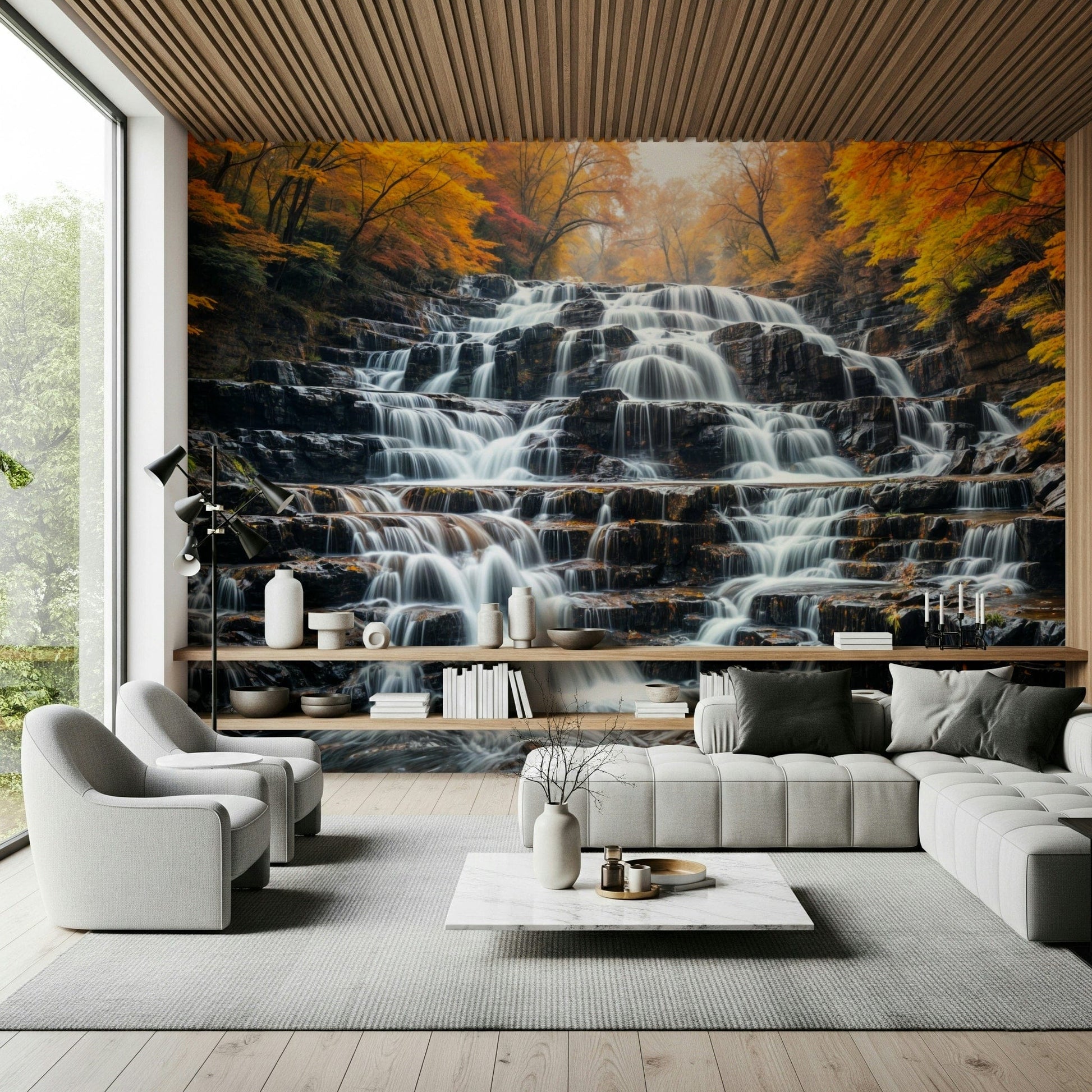 Fall waterfall mural in apartment lounge, neutral furniture, warm color accent wall