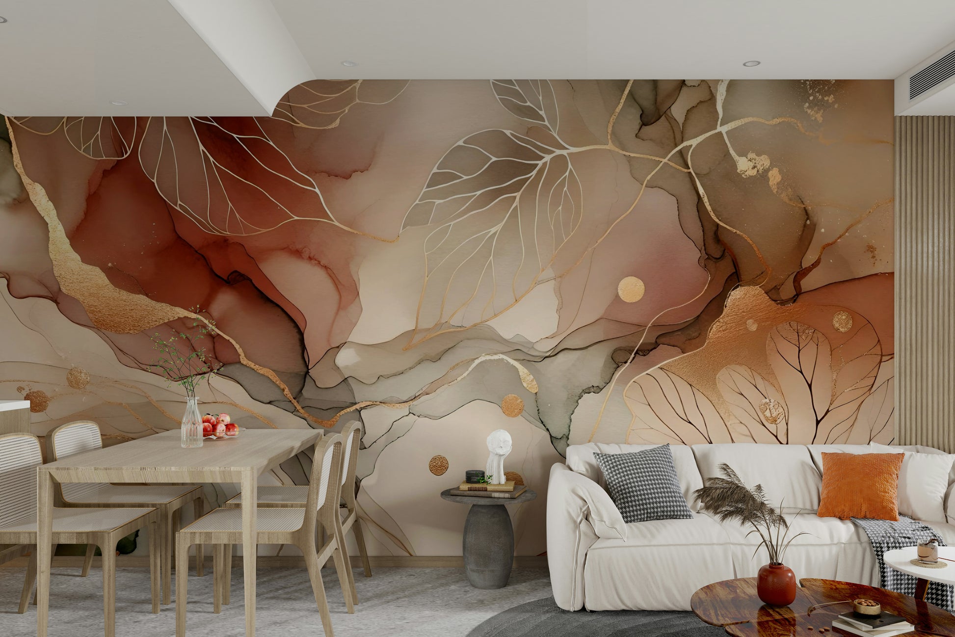 Autumn Whispers mural with delicate leaf patterns and warm fall colors.

