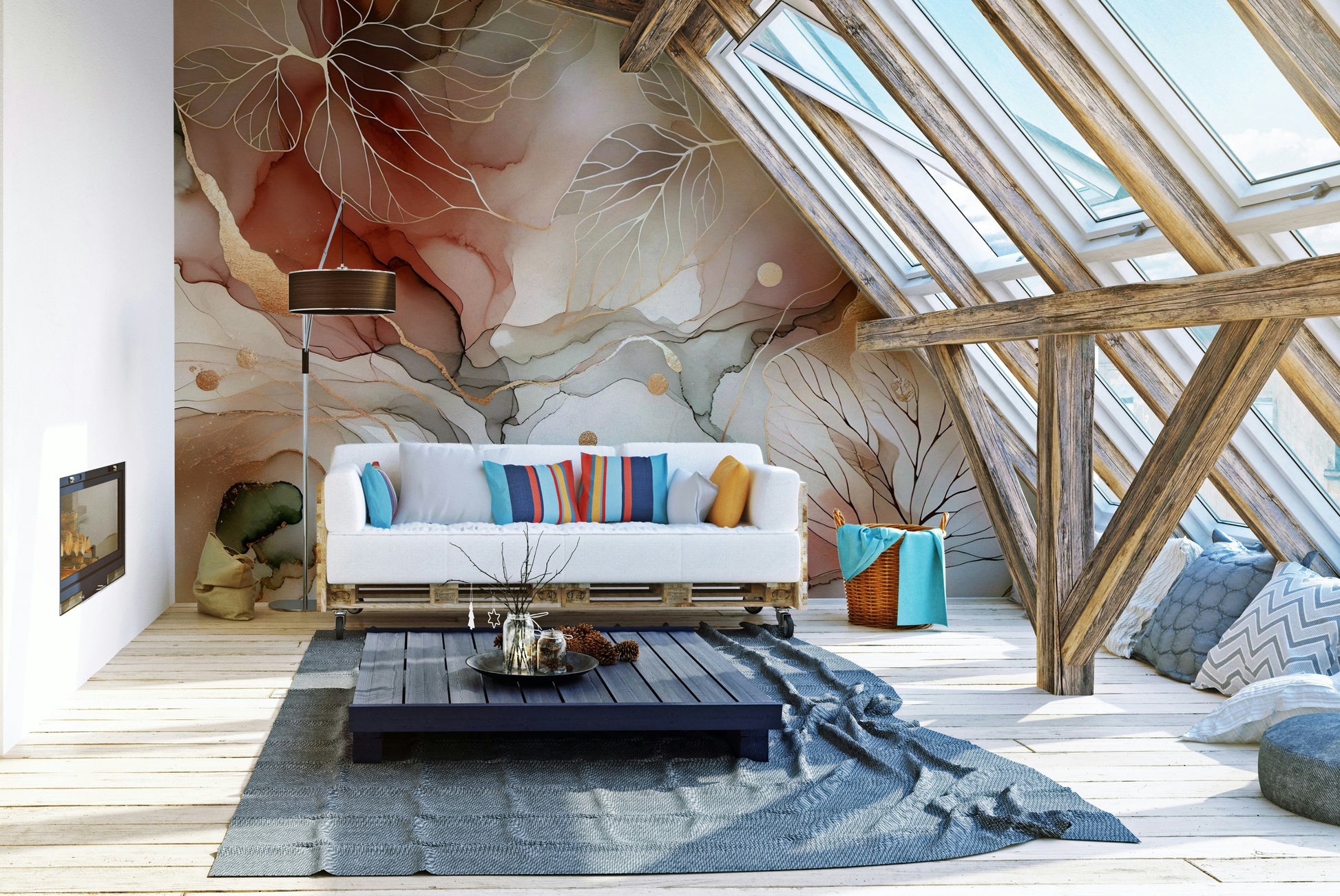 Mural with autumn foliage creating a cozy, natural atmosphere.

