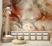 Fall-themed wall mural with leaves in gold, red, and orange hues.

