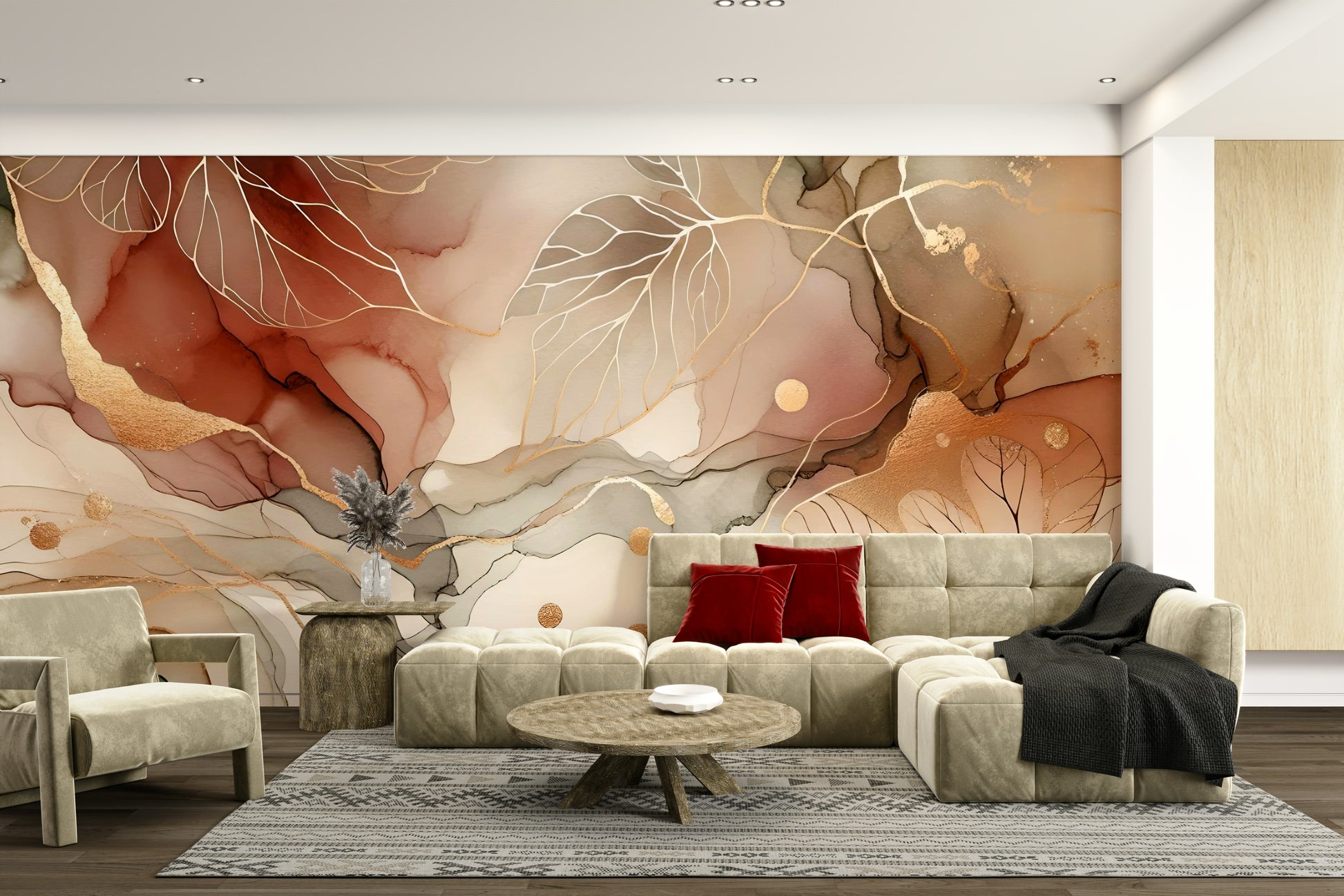 Soft autumn-inspired mural with delicate patterns of fallen leaves.

