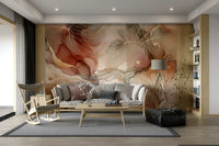 Peaceful mural featuring autumn leaves in earthy tones of red and amber.

