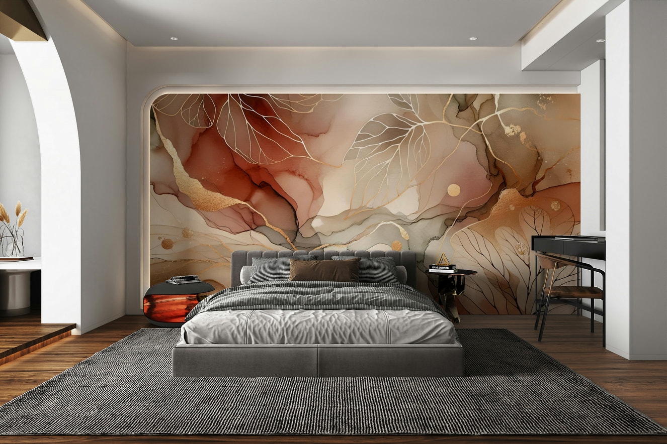 Autumn Whispers Wall Mural with fall leaves in warm amber and gold hues.

