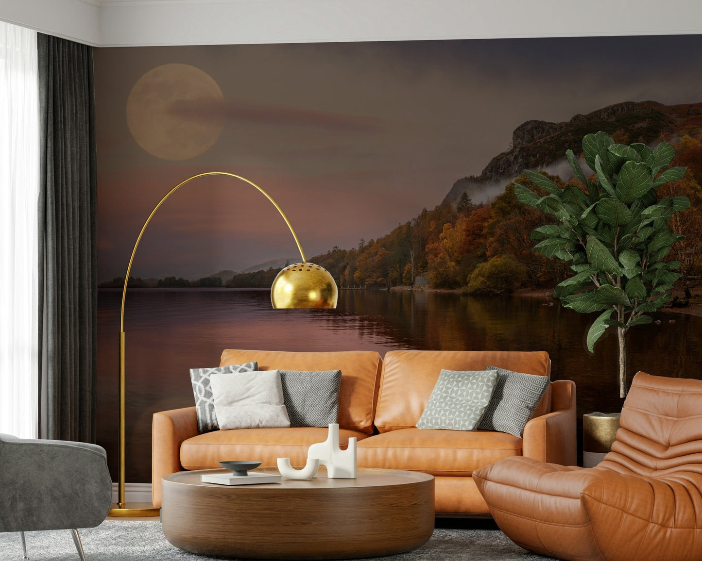 Peaceful lake wallpaper for home office, modern landscape in warm color