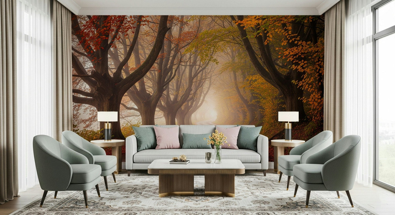 Autumnal Road Serenity Wall Mural in bedroom, autumn foliage colours, calm landscape backdrop