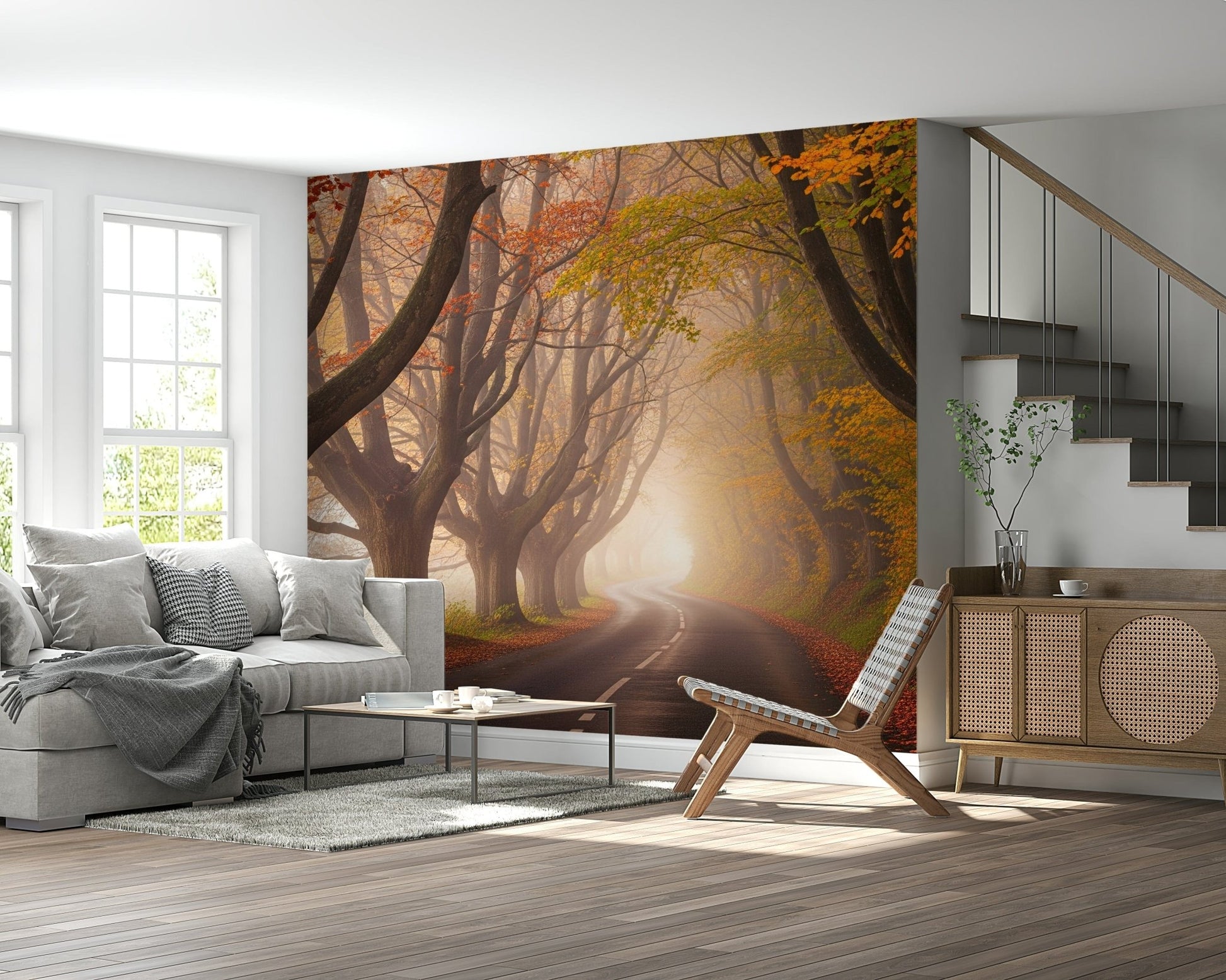 Road through autumn trees mural behind bed, gold and rust leaves, calm feature wall