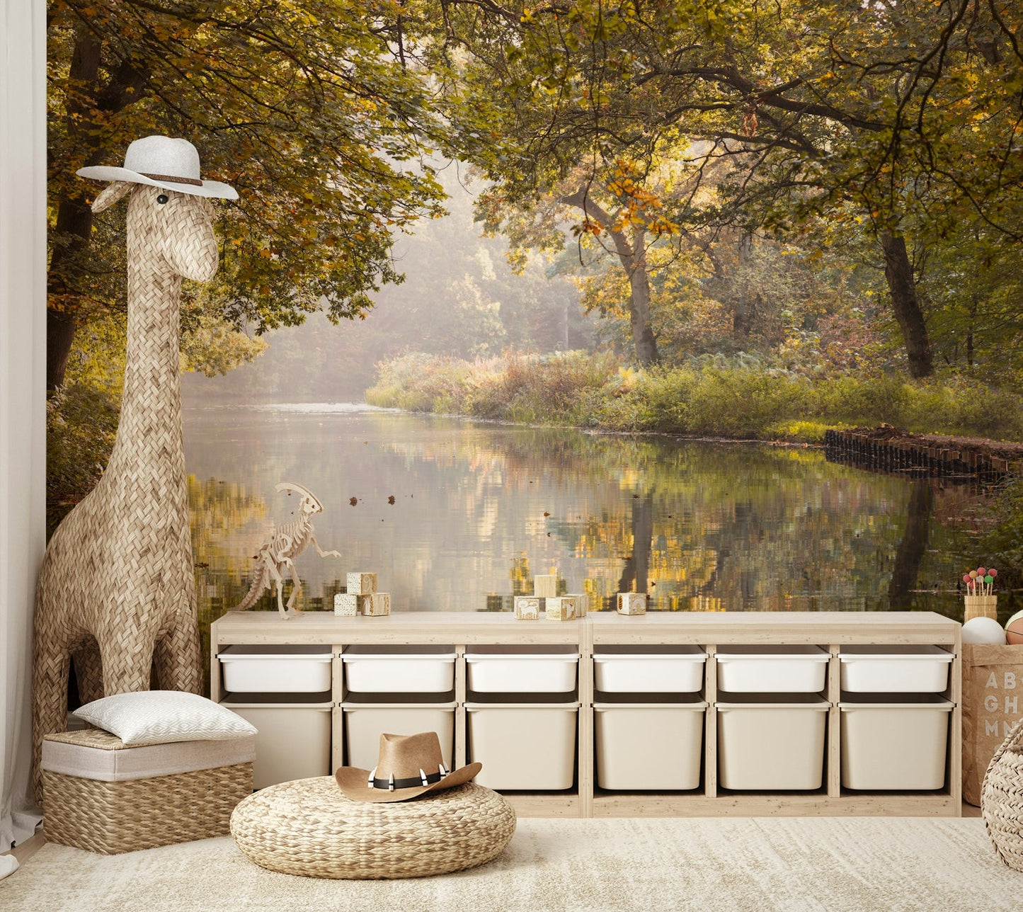 A wall mural featuring a serene autumn water scene.

