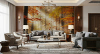 Bedroom headboard wall with autumn forest mural, cozy modern decor and soft neutral bedding