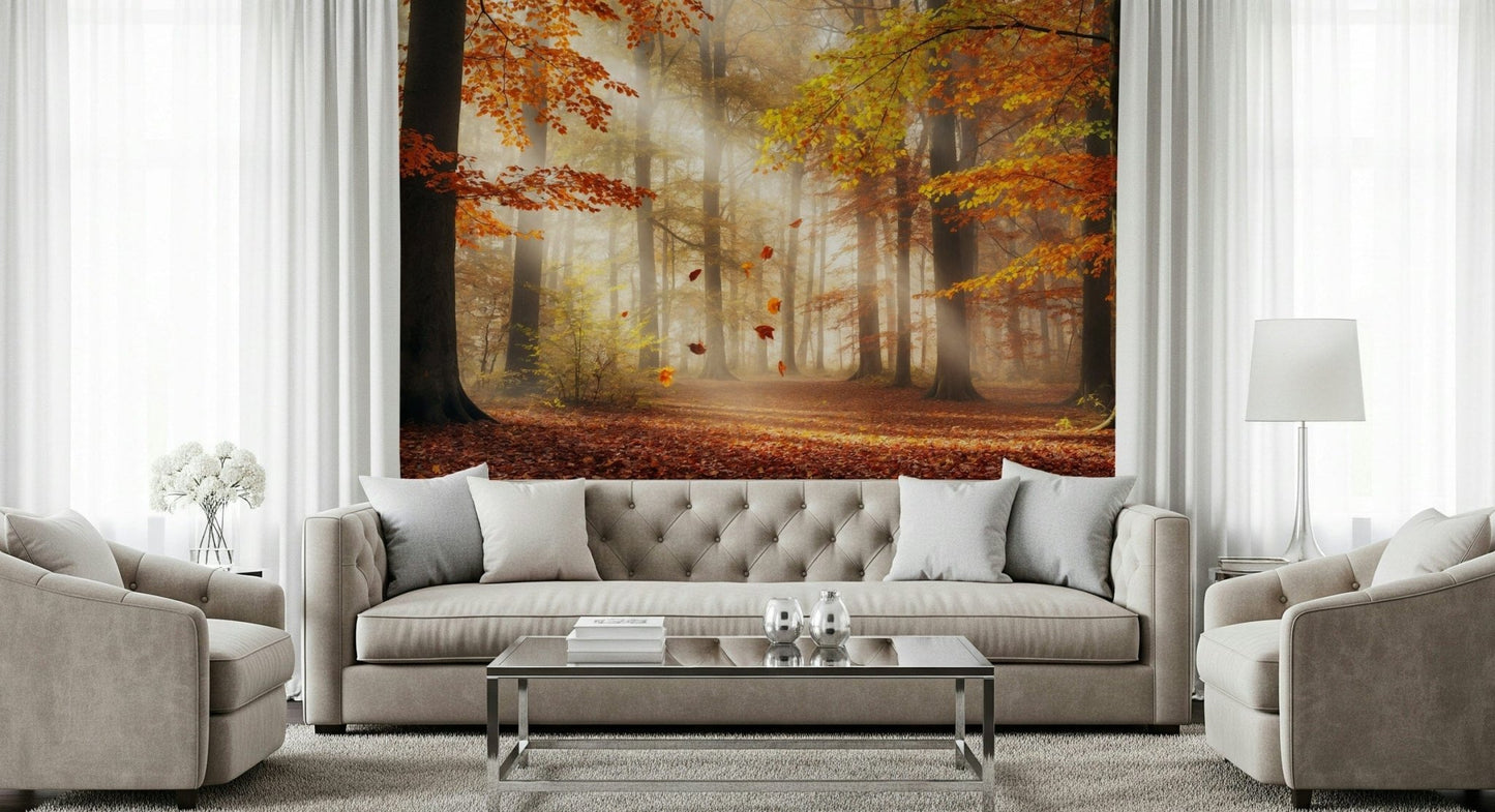 Bedroom side wall with autumn forest wallpaper mural, modern bedside table and soft lighting