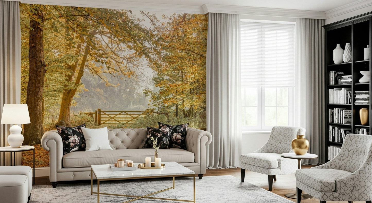 Fall trees landscape wallpaper for studio apartment, modern decor, earthy color background
