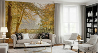 Fall trees landscape wallpaper for studio apartment, modern decor, earthy color background