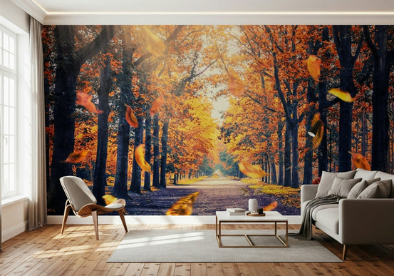 Nature wallpaper of a woodland path surrounded by golden autumn foliage