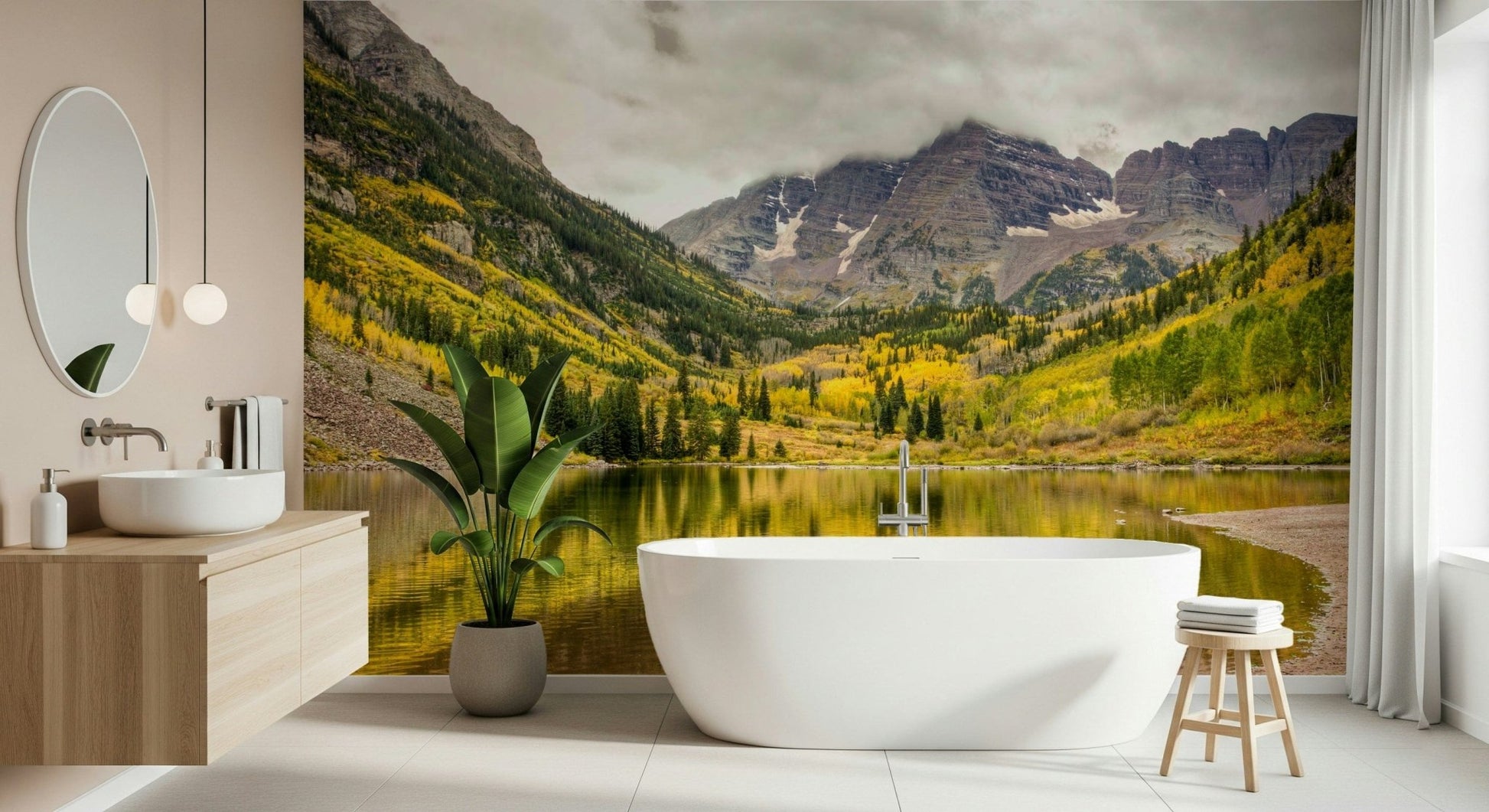 Reading nook with autumn lake mural wallpaper, soft chair, warm color accents