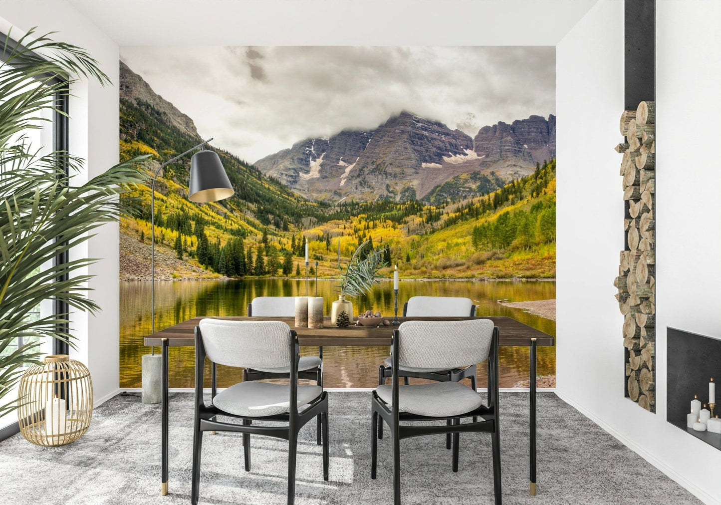 Minimal modern bedroom with mountain lake wall mural, fall colors, calm mood