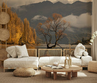 Autumn forest reflection mural in reading nook, golden color tones, cozy wall decor style