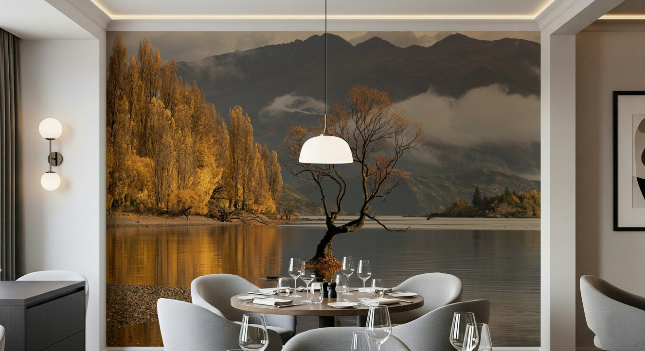 Autumn’s Reflection Woodland Wall Mural for accent wall, warm color forest scene.