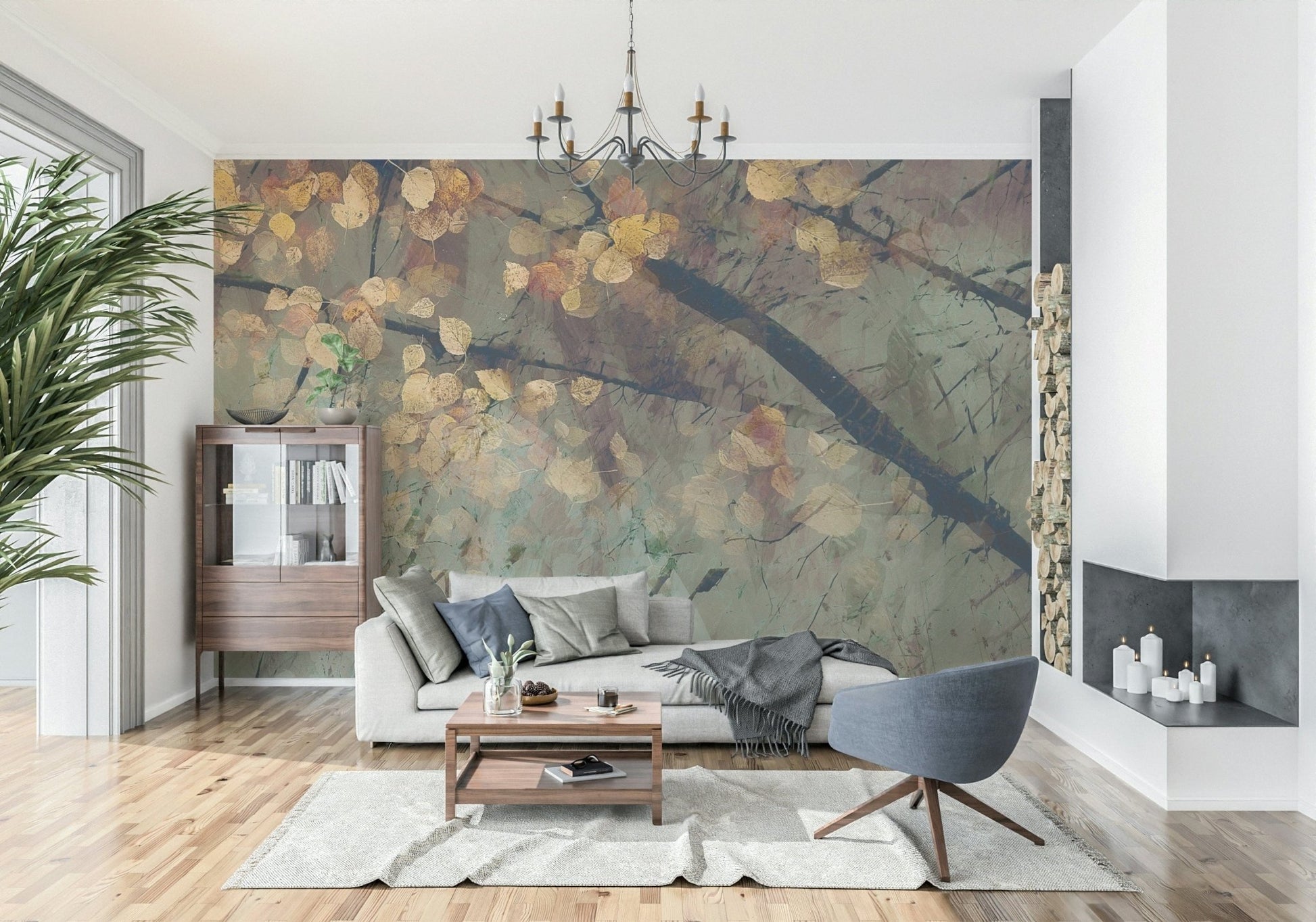 Close up of golden leaves and water reflections on a matte finish wall mural.
