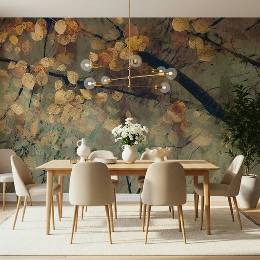 Autumn's Tranquil Reflection Wall Mural used in a narrow flat hallway to add depth.
