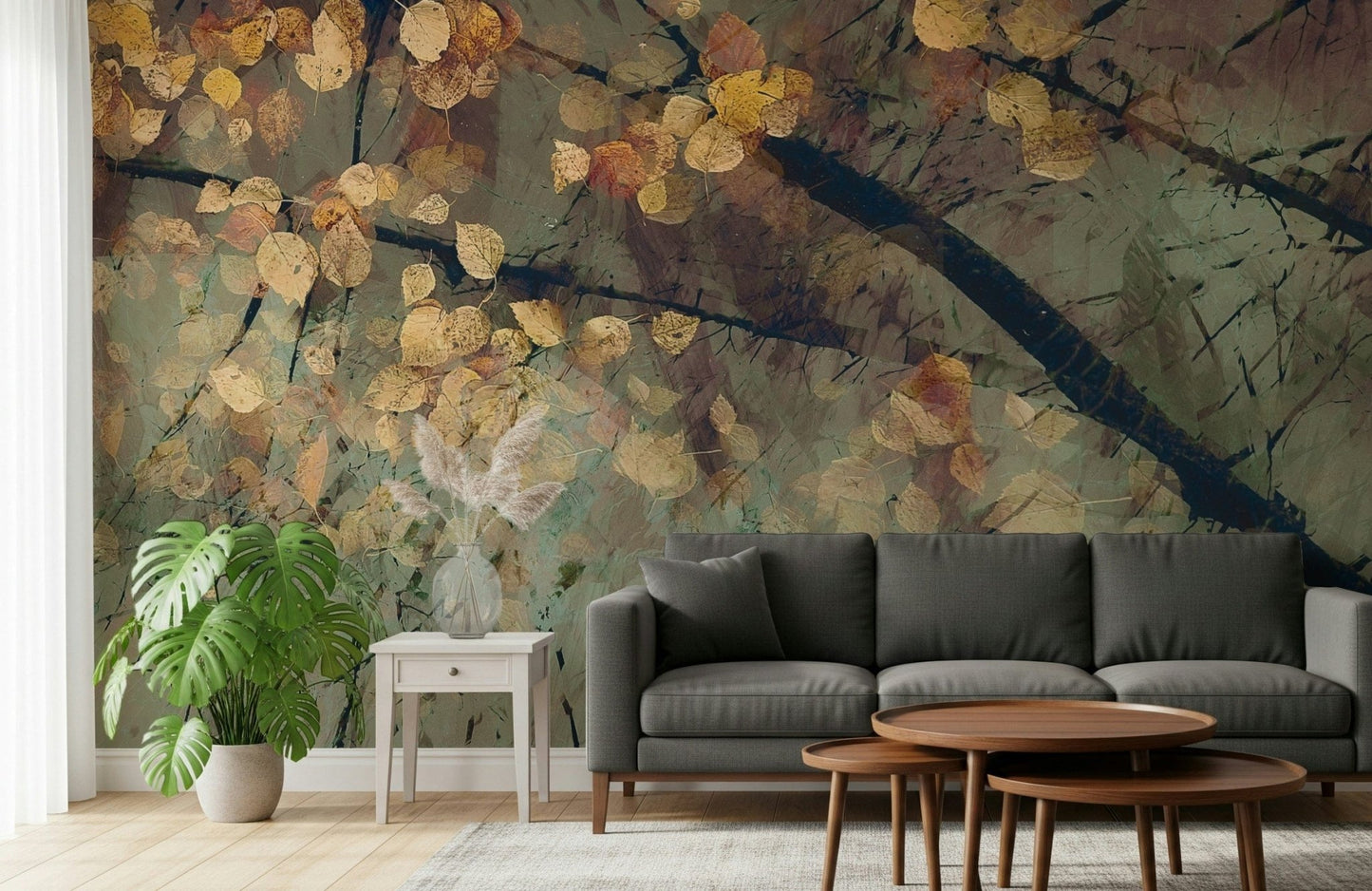 Autumn's Tranquil Reflection Wall Mural in a dining area with natural oak furniture.