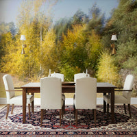 Nature blur wall mural in home office, modern desk setup, warm color