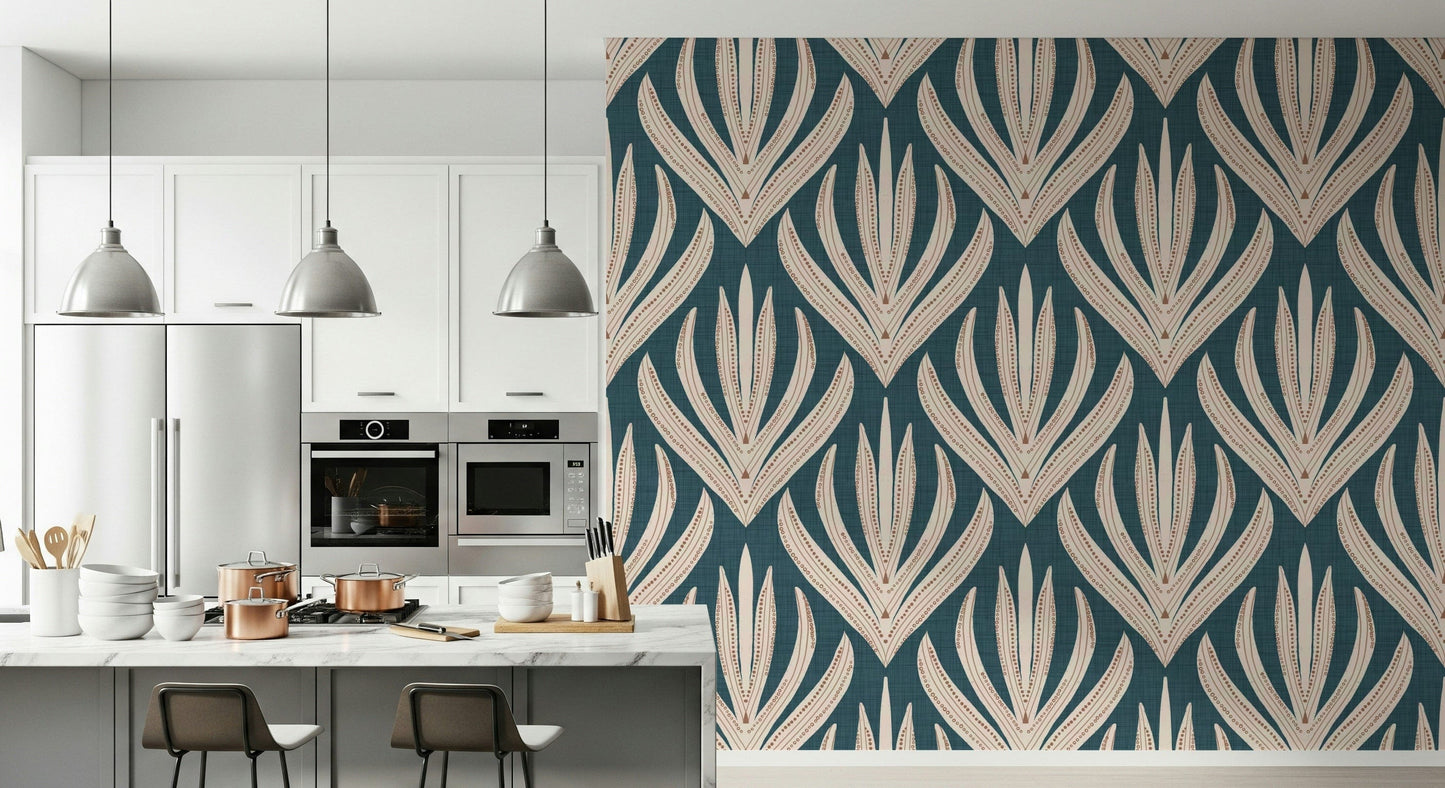 Decorative wallpaper mural with striking Aztec-style botanical elements on a rich teal backdrop.