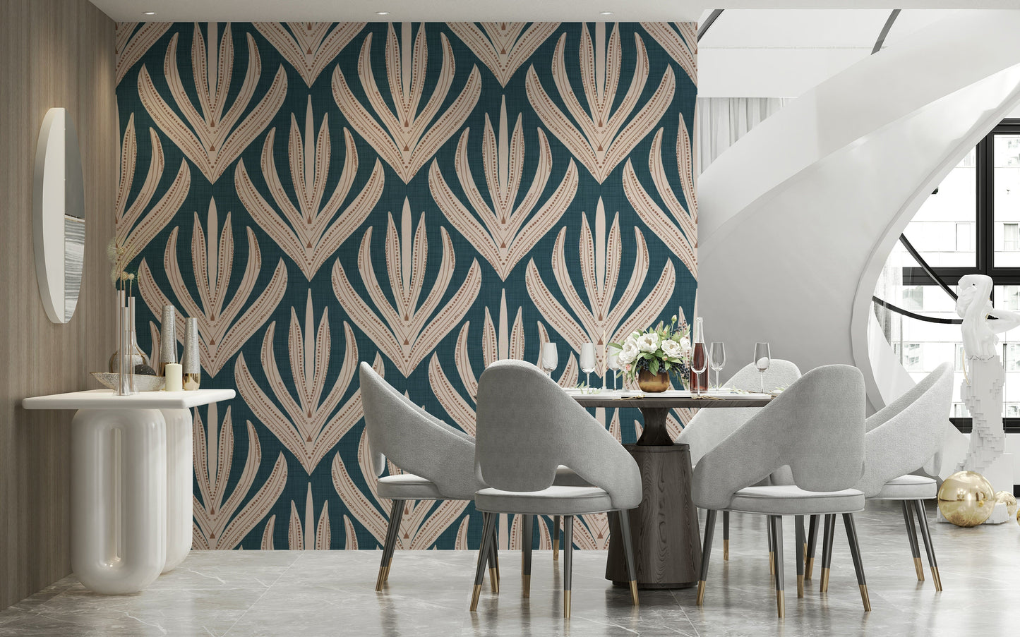 Modern Aztec Flora wallpaper showcasing large symmetrical leaf-inspired designs in cream and rust accents.