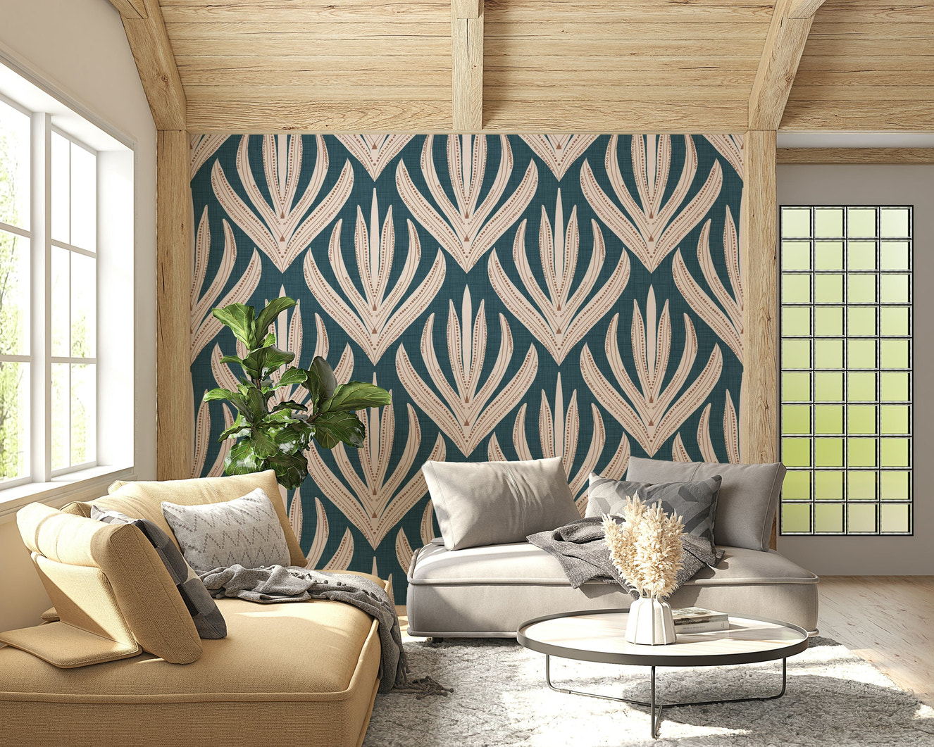 Modern Aztec Flora wallpaper featuring bold cream botanical motifs on a deep teal background.