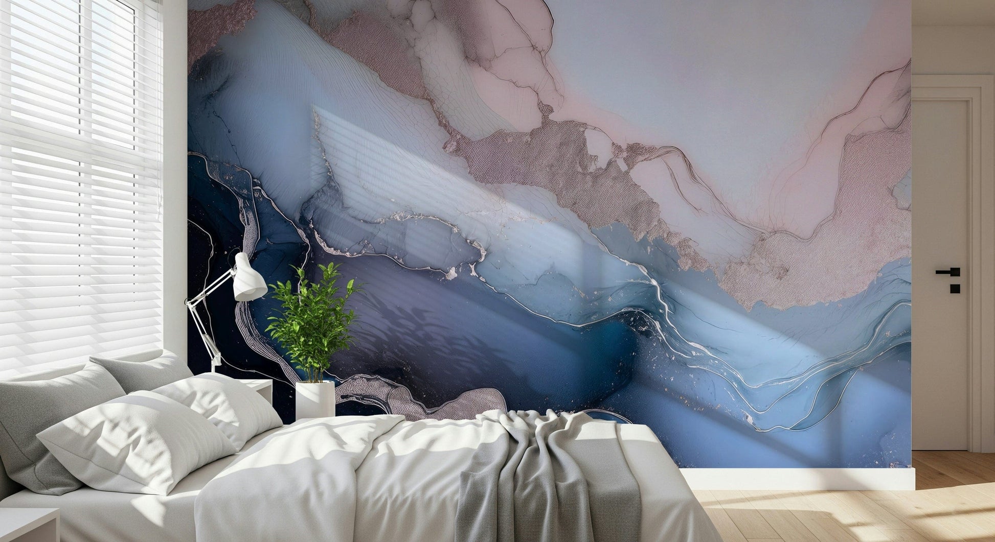 Abstract wall mural with deep blue mineral tones and soft metallic accents for refined interiors.