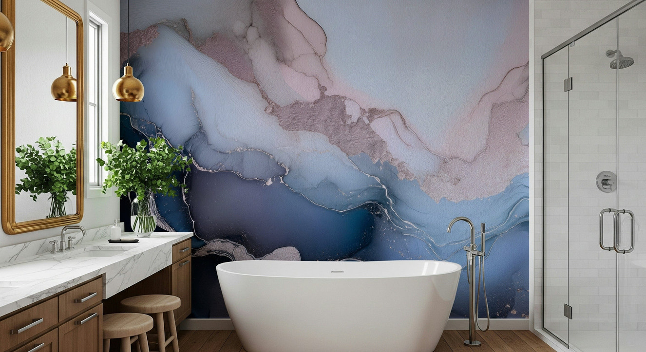 Elegant wall mural inspired by natural stone layers with shimmering blue mineral patterns.