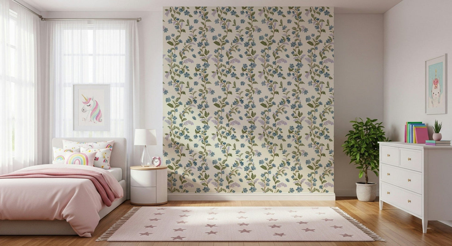 Elegant Azure Bloom Trail backdrop subtle purple cluster sprig design.