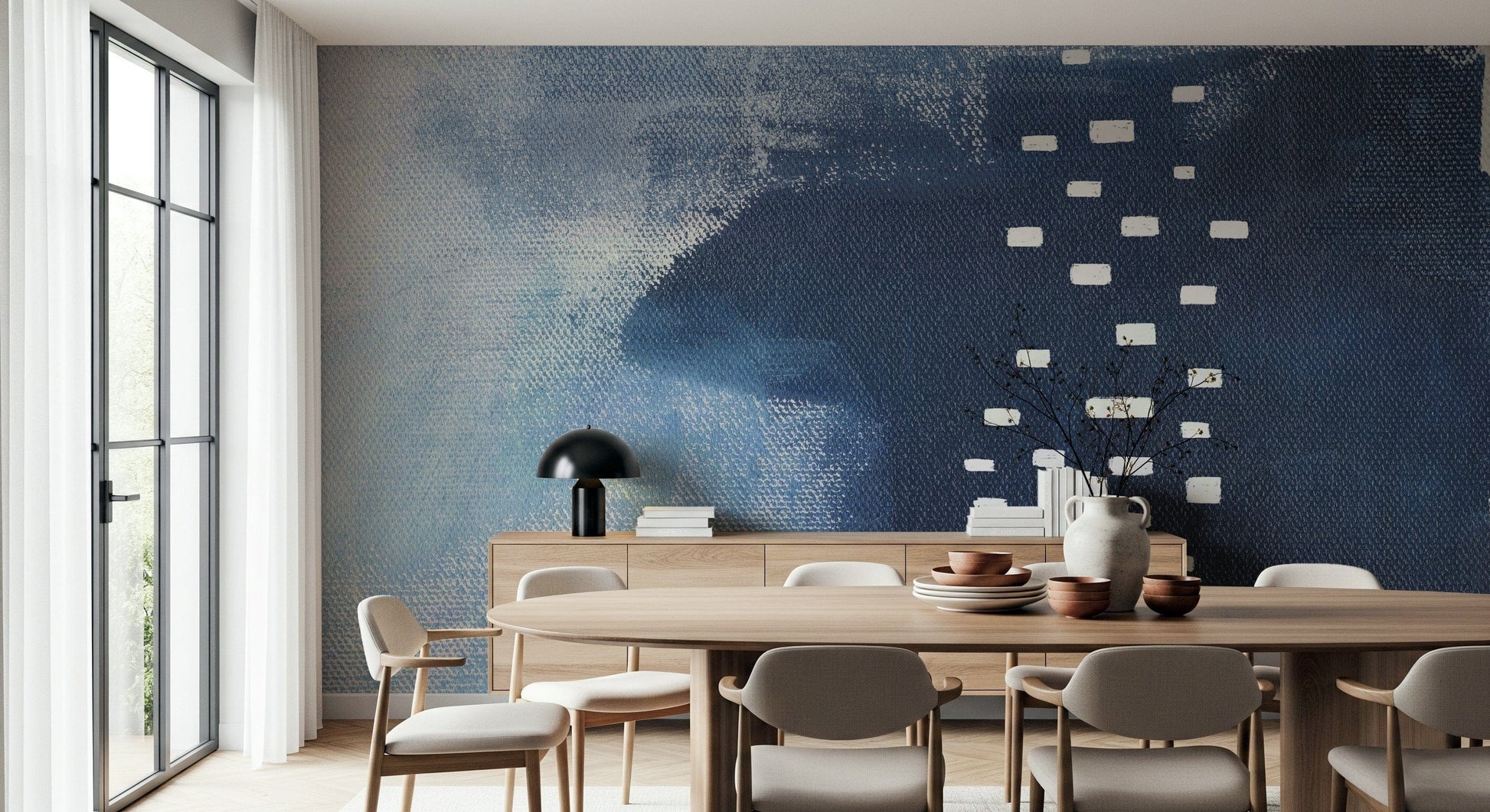 An artistic minimalist form mural for home decor.