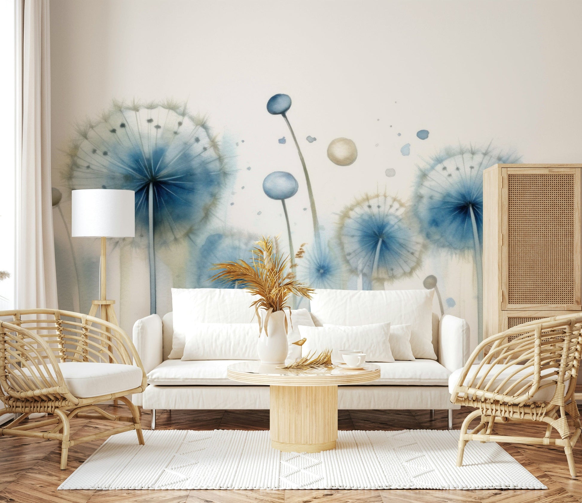 Azure Dreams Dandelion Field Mural – Elegant blend of sky-blue tones and white floral accents for a soothing, dreamy atmosphere.