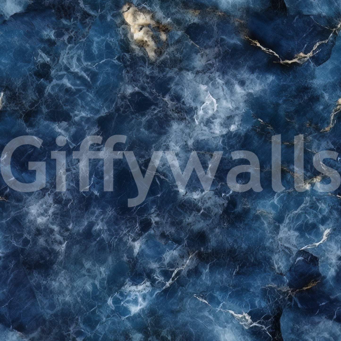 Azure Depths wallpaper mural close-up showing deep blue marble with swirling white and gold veining