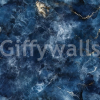 Azure Depths wallpaper mural close-up showing deep blue marble with swirling white and gold veining