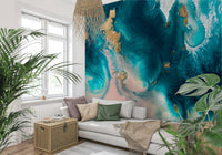 A contemplative gentle blue and gold wallpaper mural for a feature wall.