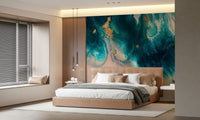 A beautiful abstract gold and azure wallpaper mural with subtle gold veining.