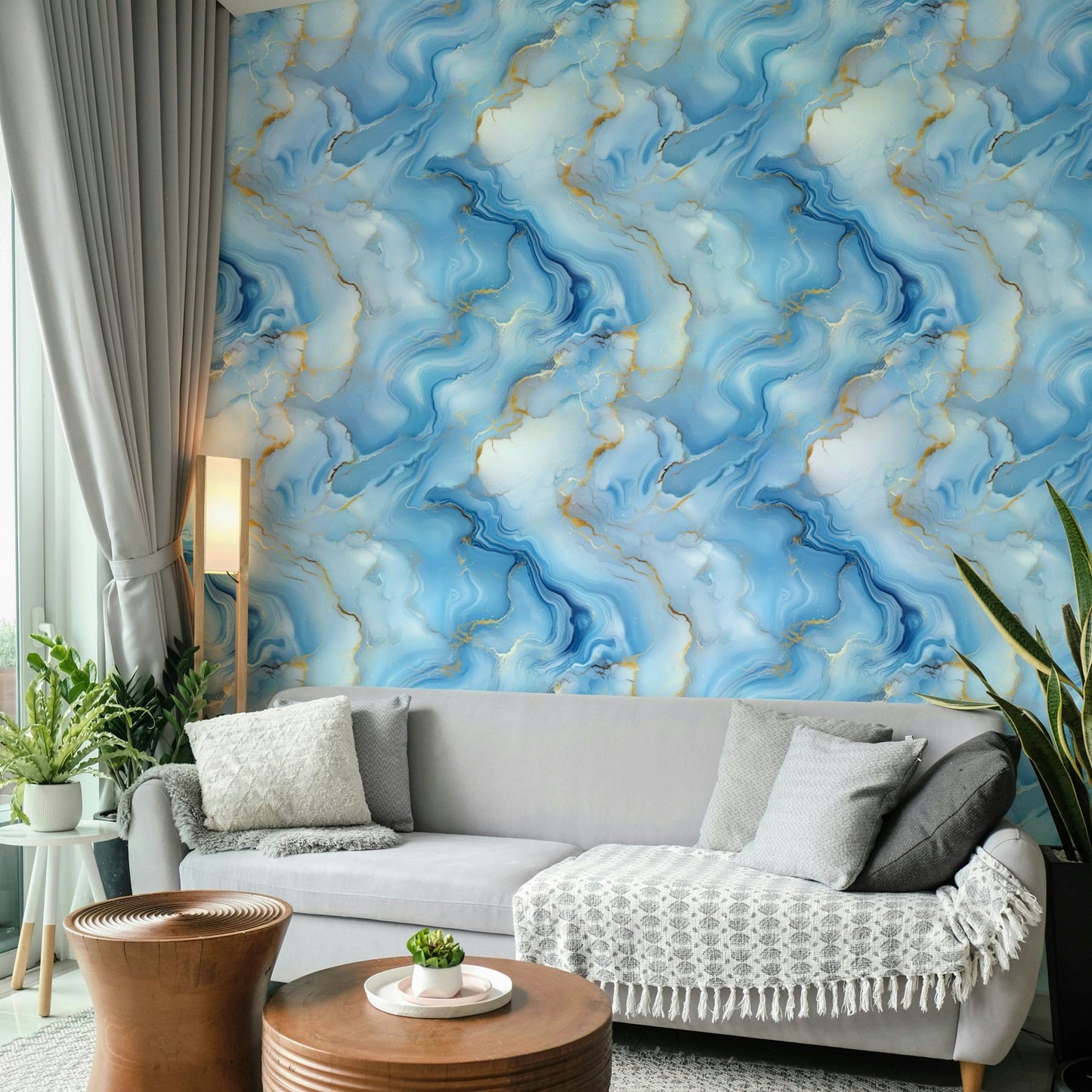 Rich blue and gold wallpaper with flowing textures

