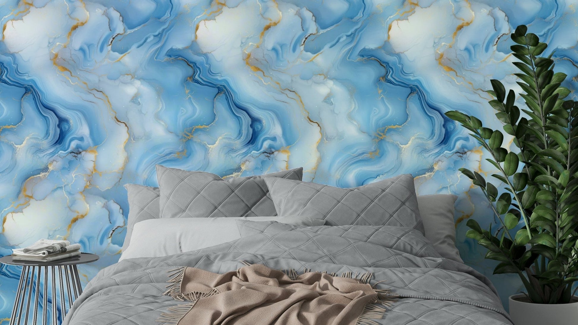 Azure & Gold Fluidity Wallpaper with abstract swirls

