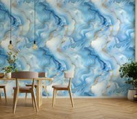 Wallpaper with marbleized motion and metallic accents

